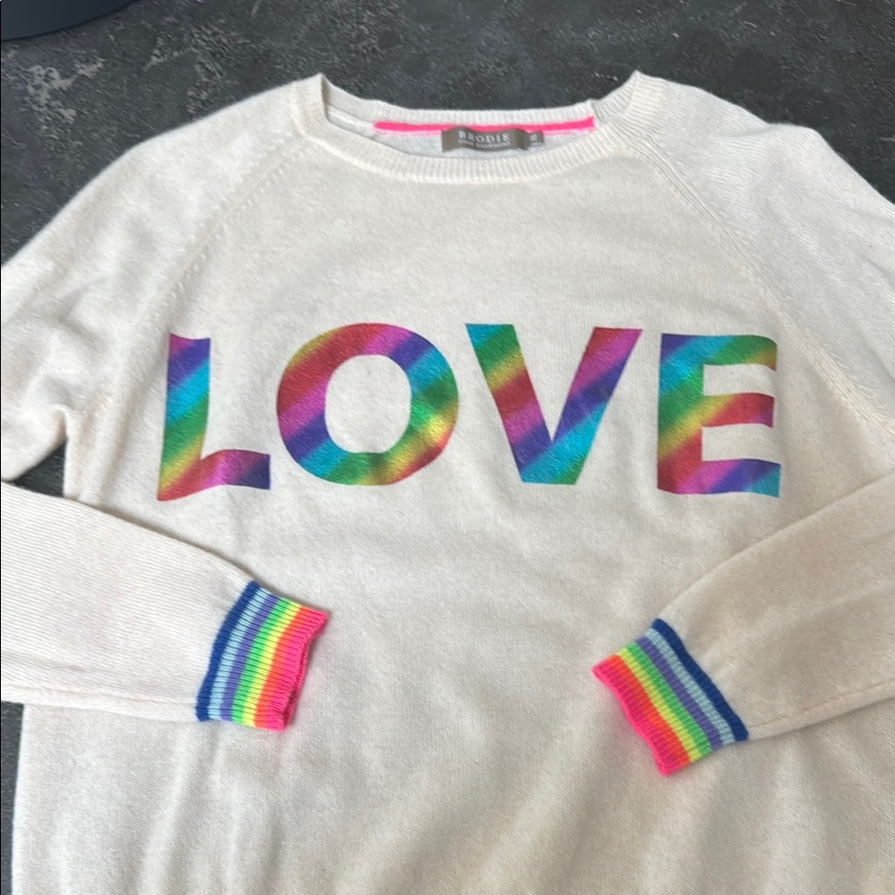 Brodie Cashmere Cream and Red Crew Neck Sweater with LOVE Design